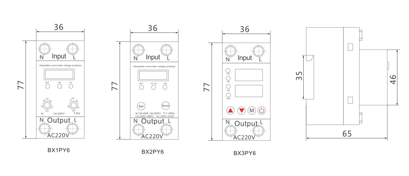 BX1PY6 Self-recovery Over&Under Voltage Delay Protector Dimensions