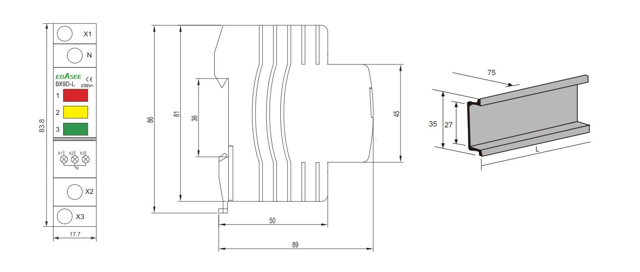 BX9D-L Indicating Light Dimensions