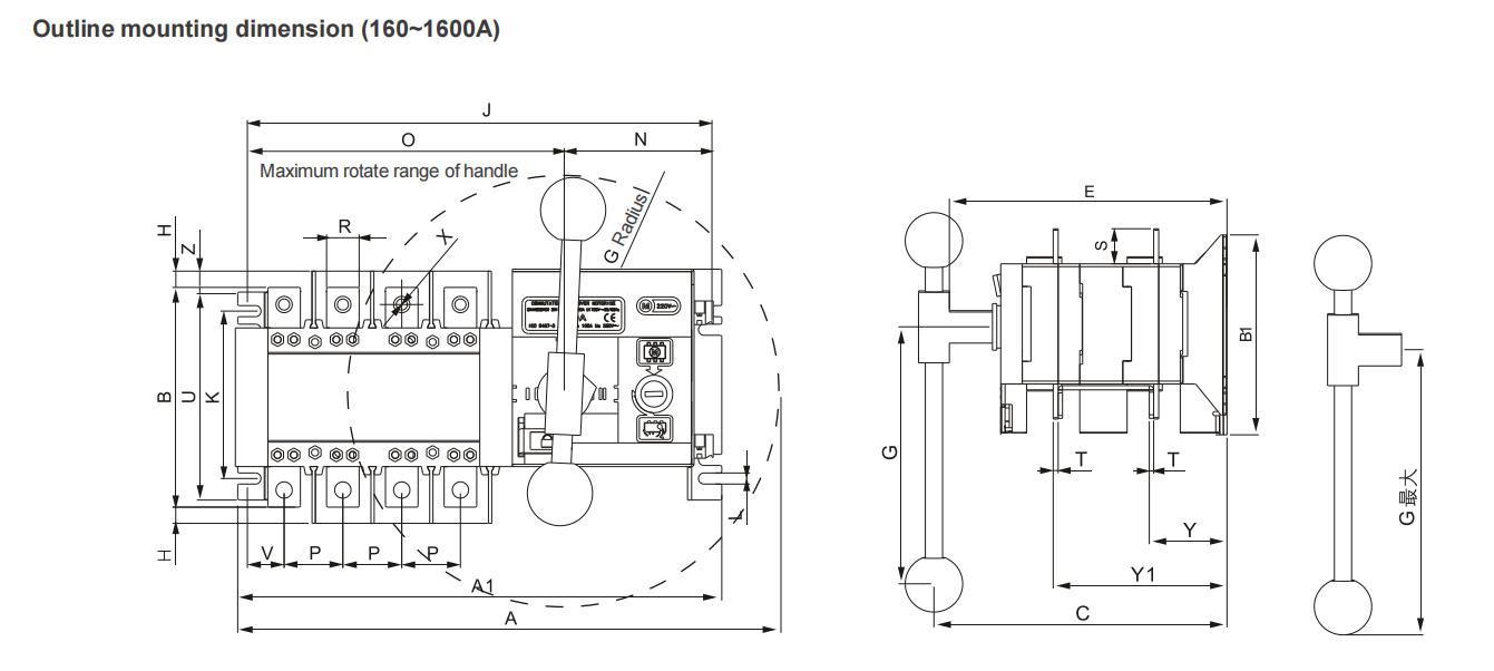 EATS4 PC Class Dual-Power Automatic Transfer Switch Dimensions