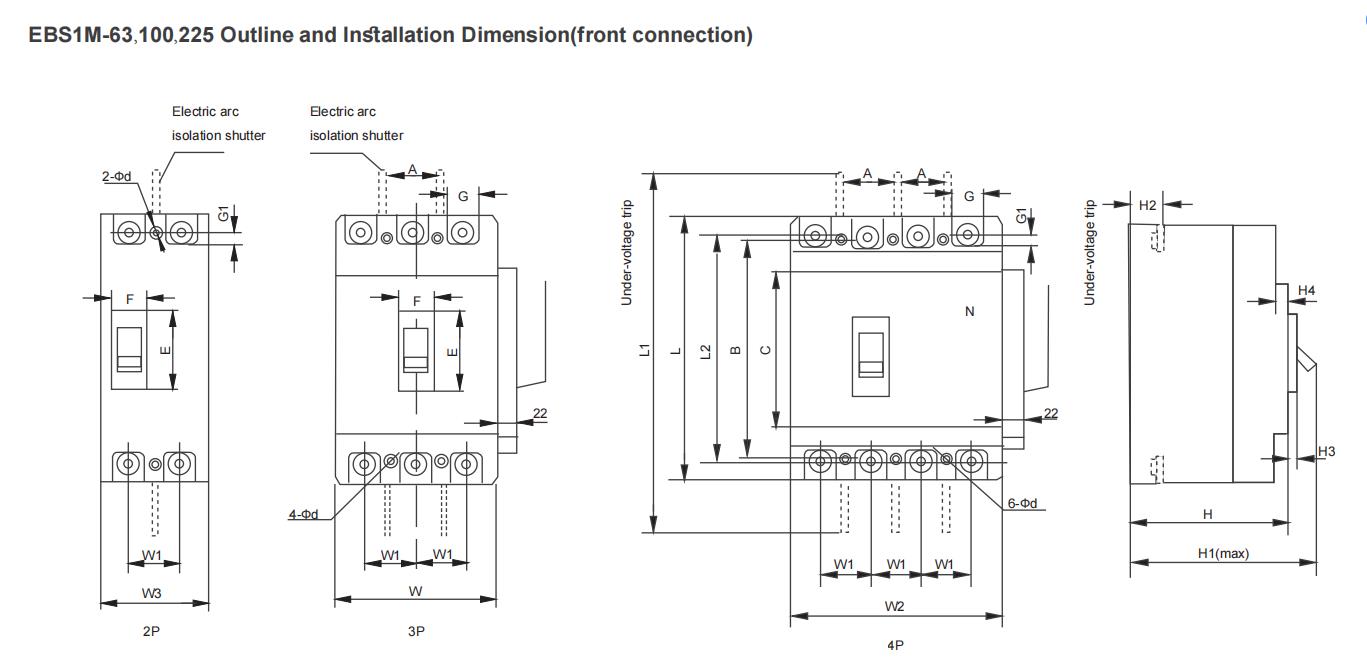 EBS1M Moulded Case Circuit Breaker Dimensions