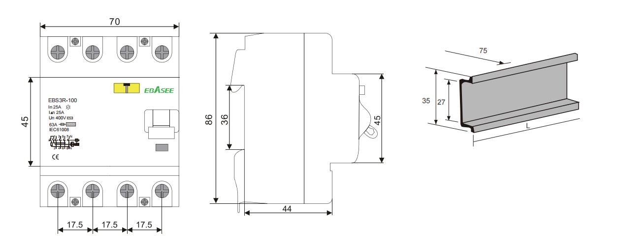 EBS3R Residual Current Circuit Breaker Dimensions