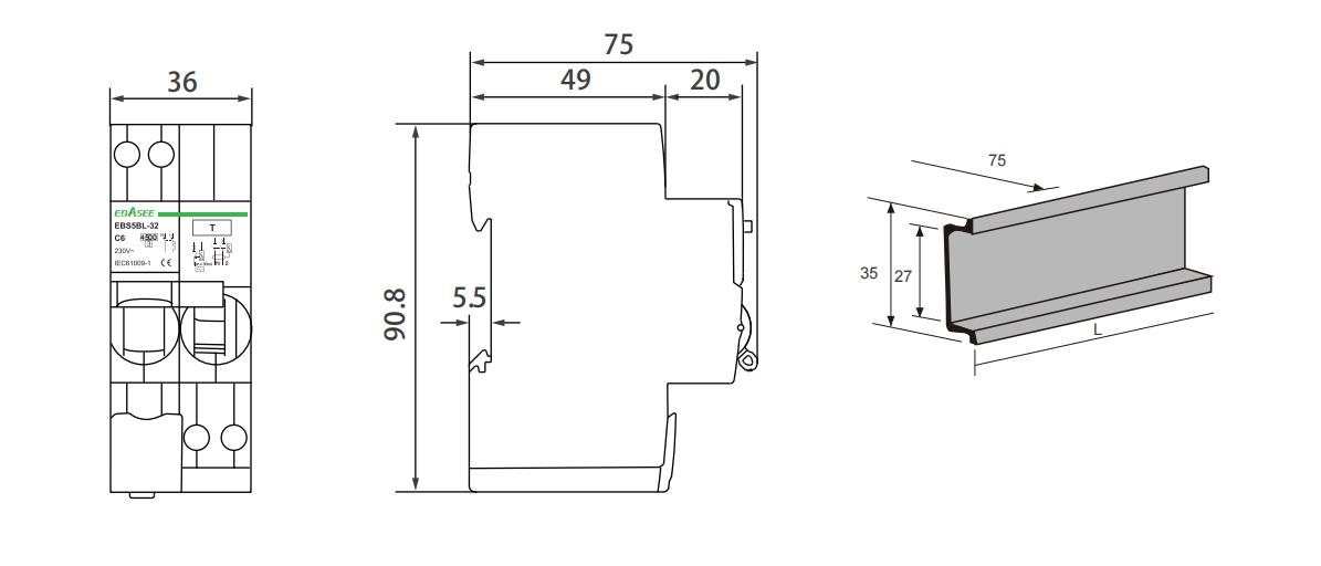 EBASEE EBS5BL RCBO Dimensions