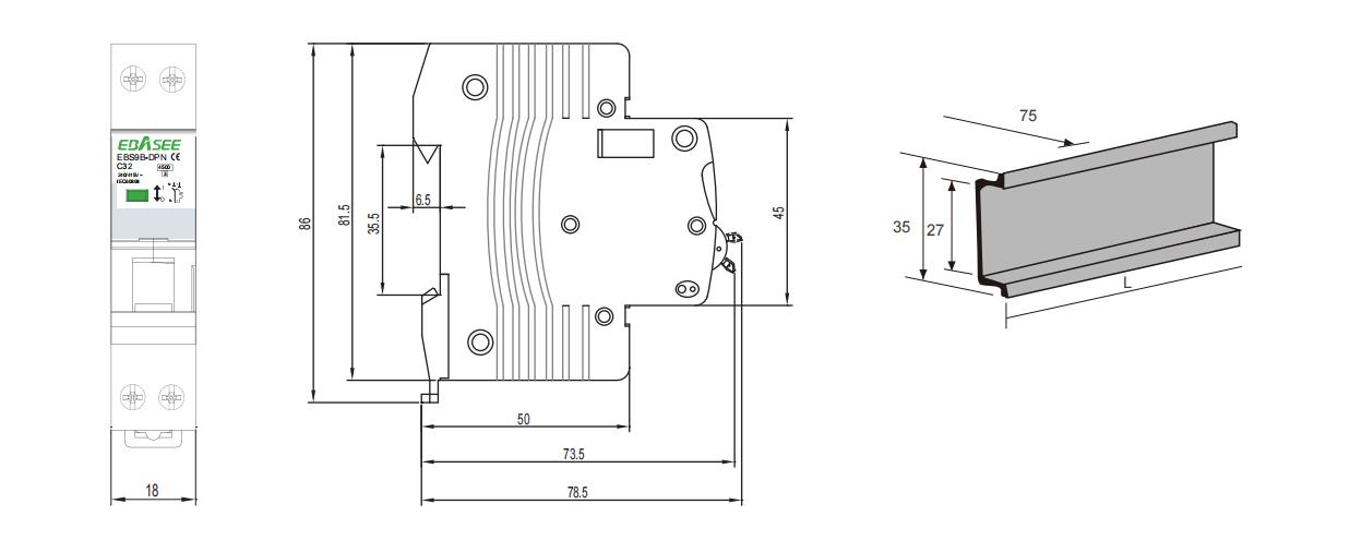 EBS9B DPN Miniature Circuit Breaker Dimensions