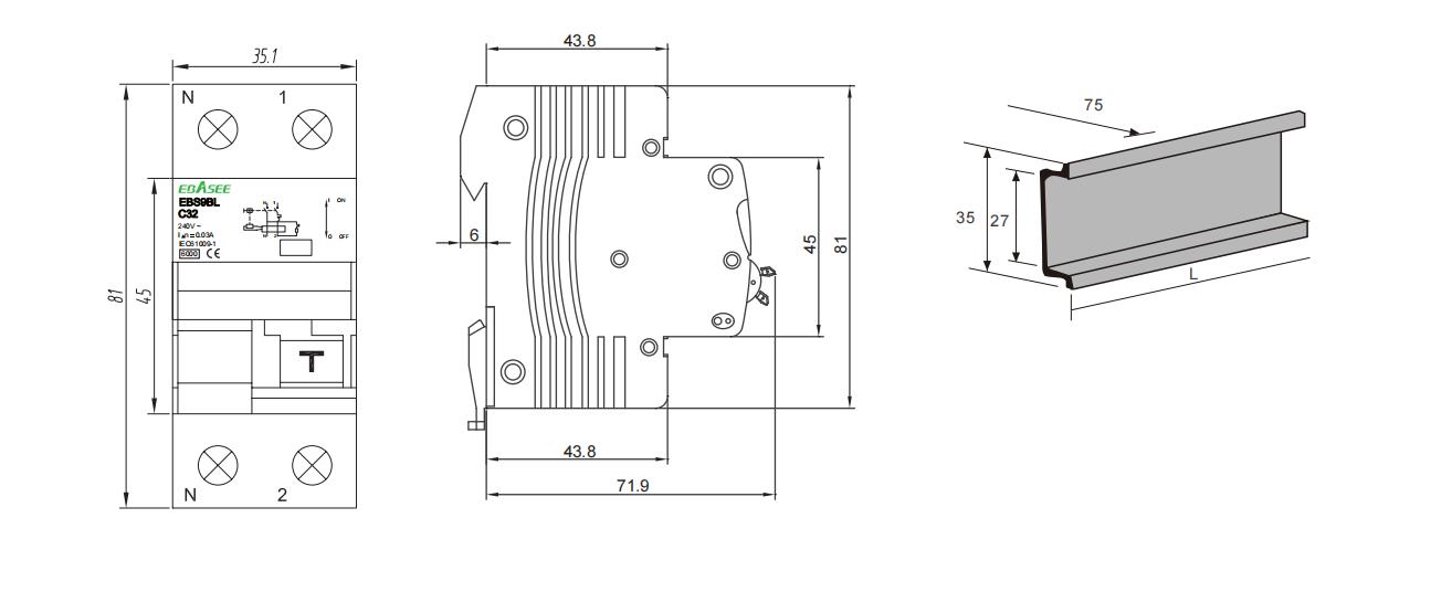 EBS9BL-40 RCBO Dimensions