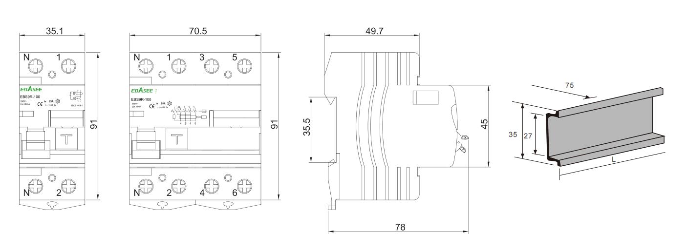 EBS9R-100 Residual Current Circuit Breaker Dimensions