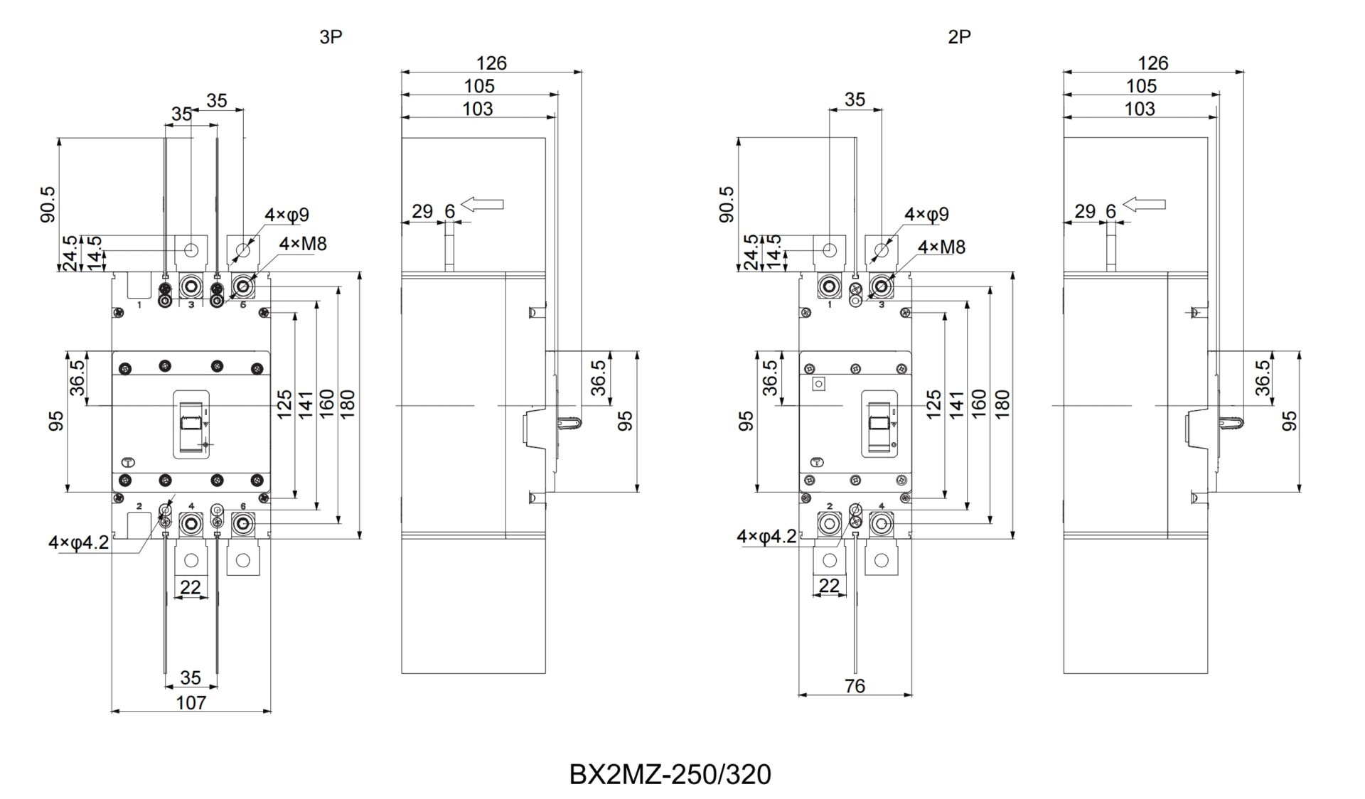 BX2MZ DC MCCB Dimension