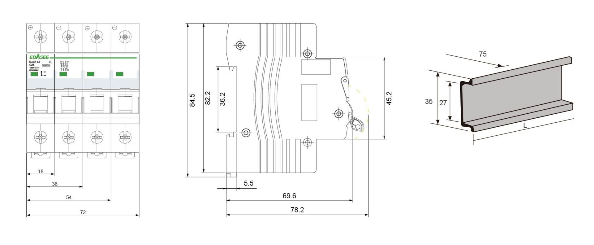 BX9Z 63A DC MCB Dimension