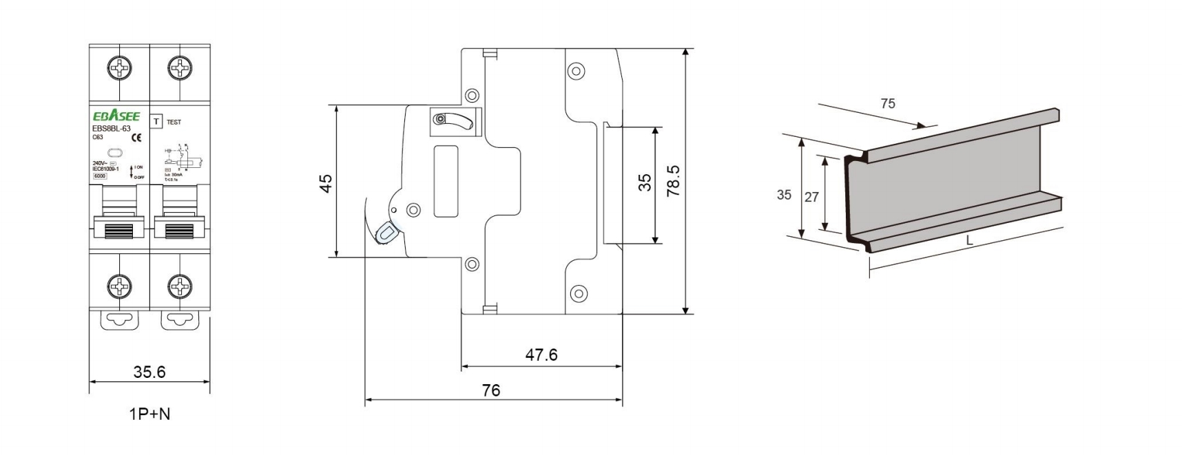 EBS8BL-63 RCBO Dimension