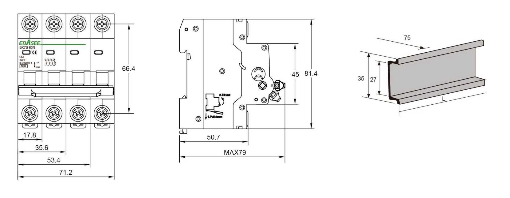 EBASEE BX7B-63N Miniature Circuit Breaker Dimension