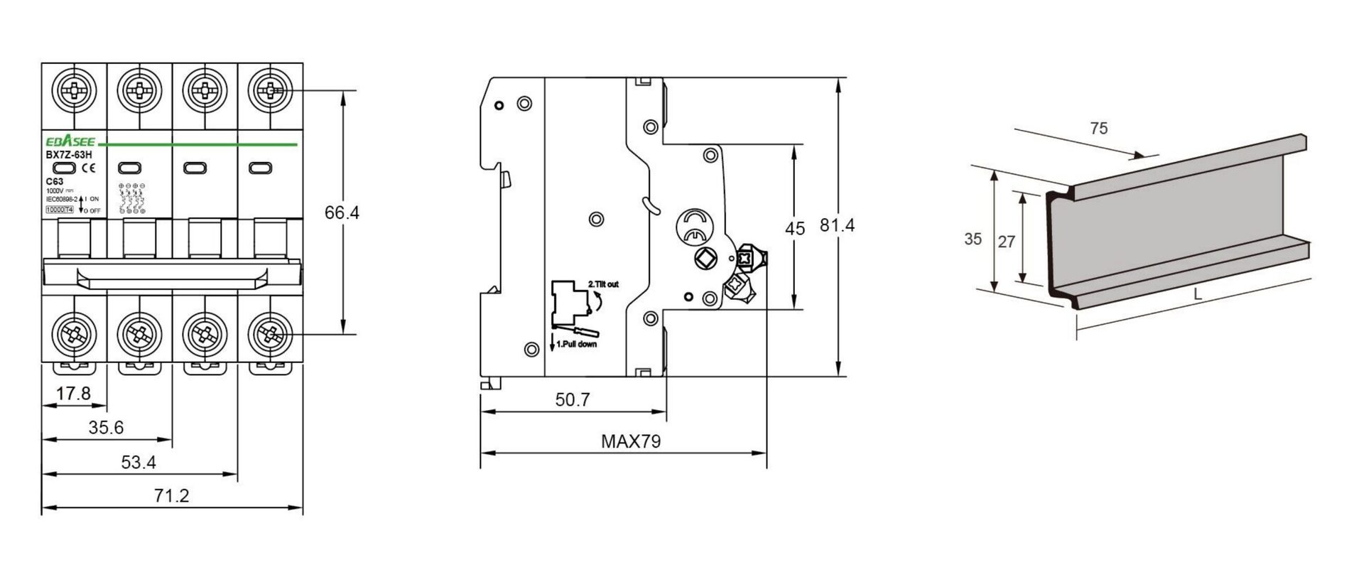 BX7Z-63 DC MCB Dimension